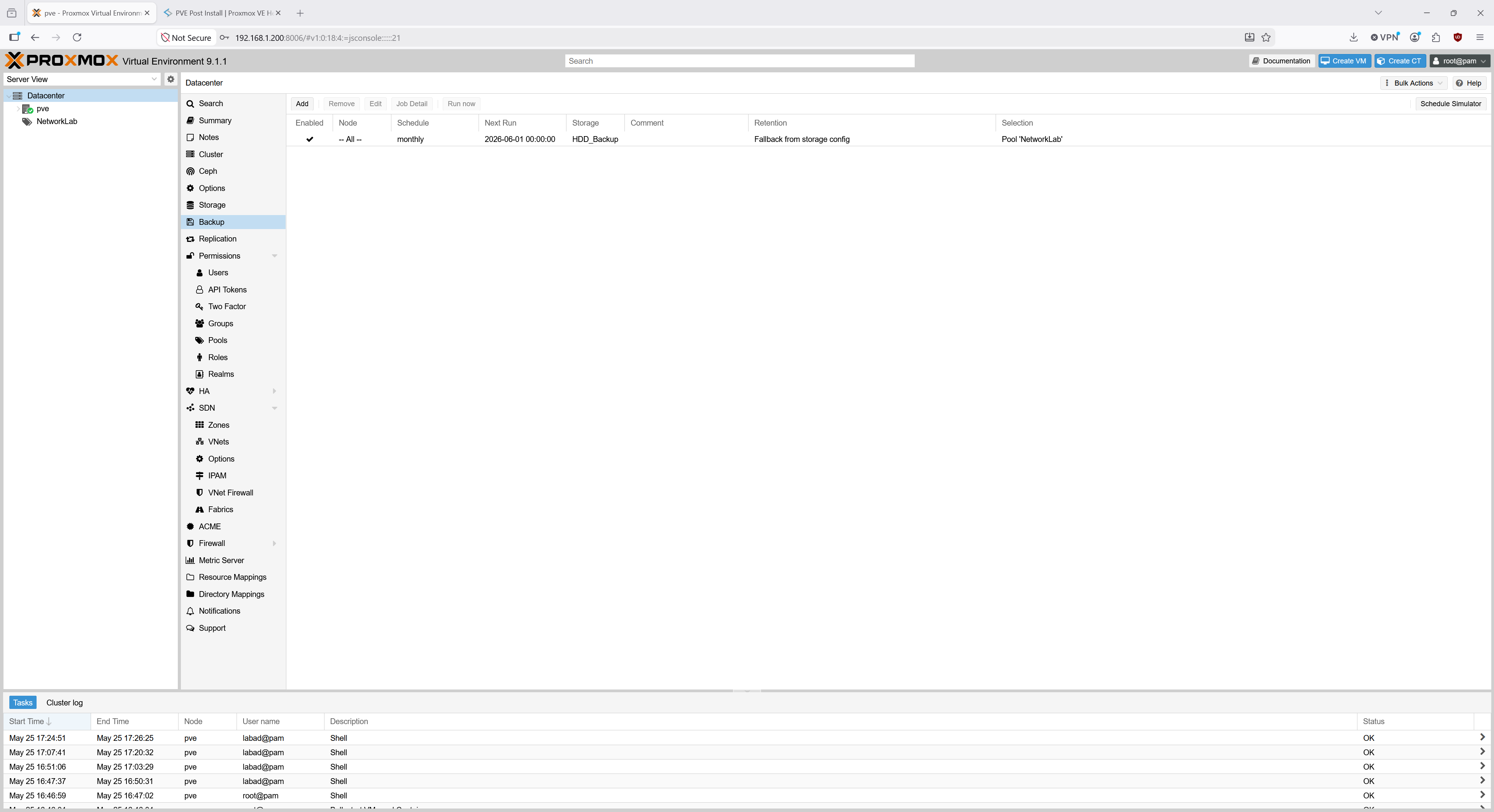 Proxmox main menu after login