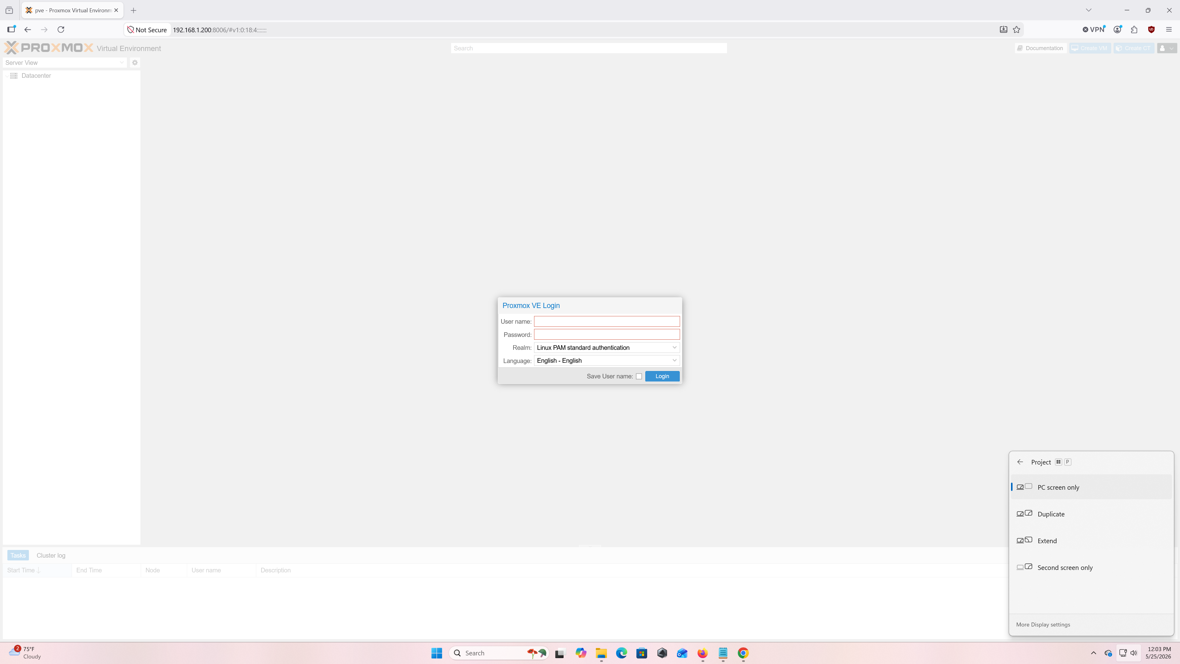 Proxmox login screen